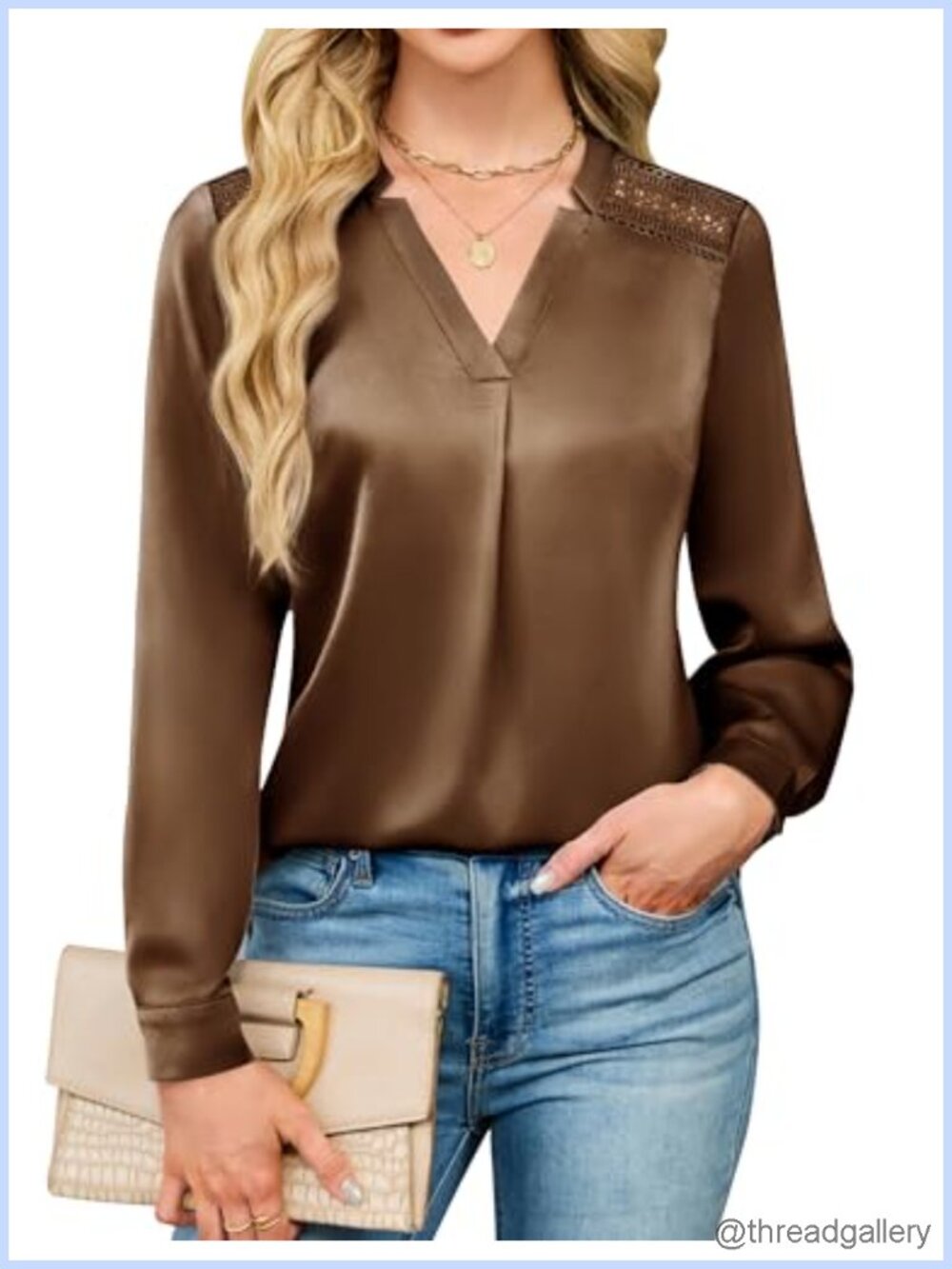 Silky Lace V Neck Long Sleeve Blouse